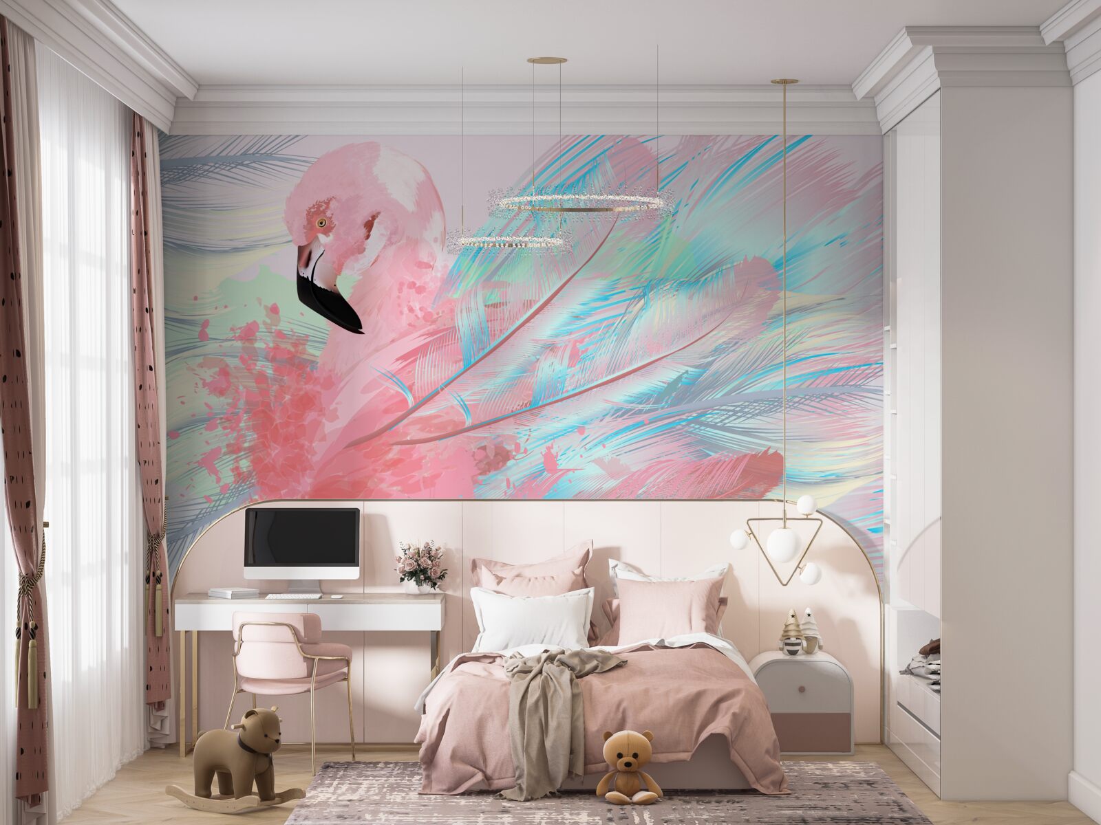 Fotobehang een roze flamingo gevormd uit de veren