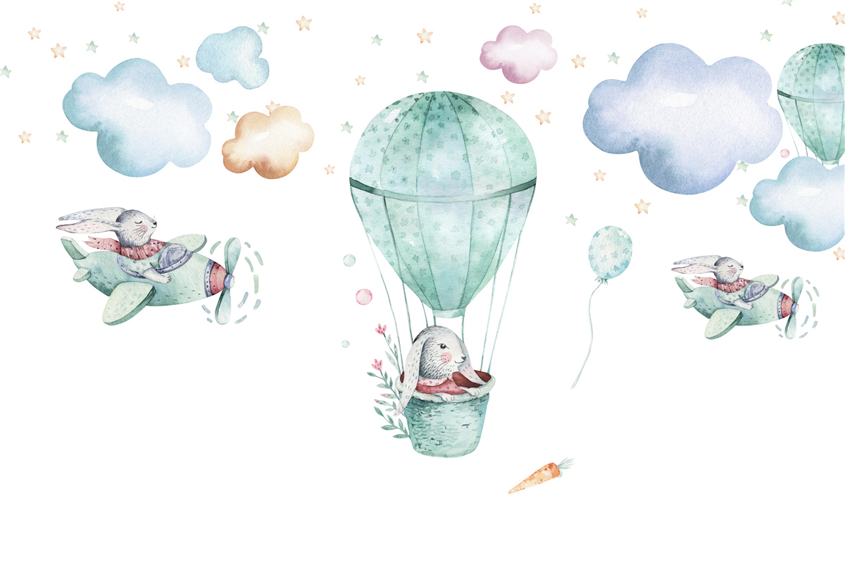 Fotobehang ballonnen en vliegtuigen met hazen