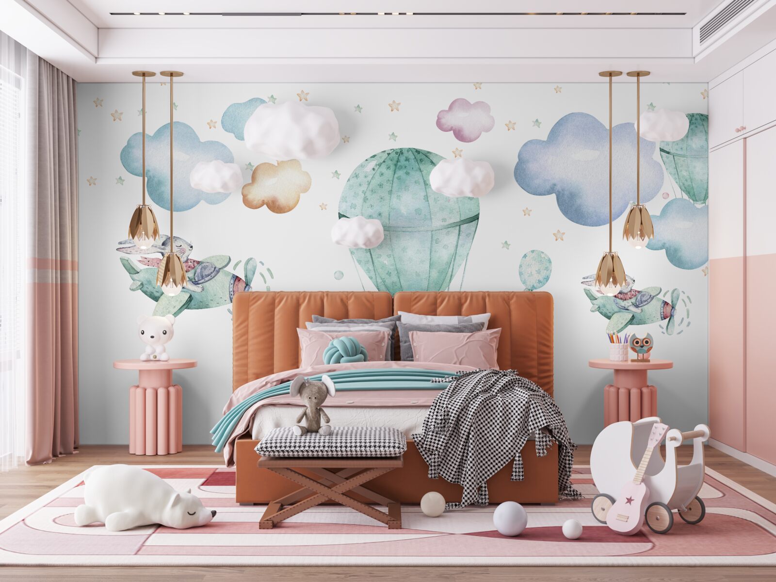 Fotobehang ballonnen en vliegtuigen met hazen