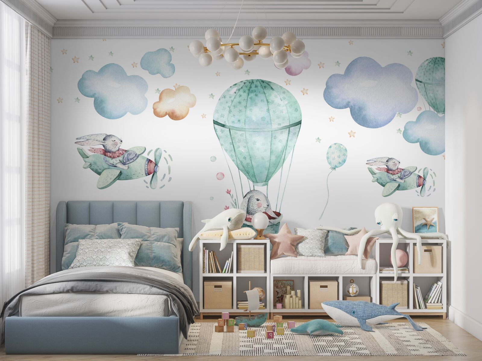 Fotobehang ballonnen en vliegtuigen met hazen