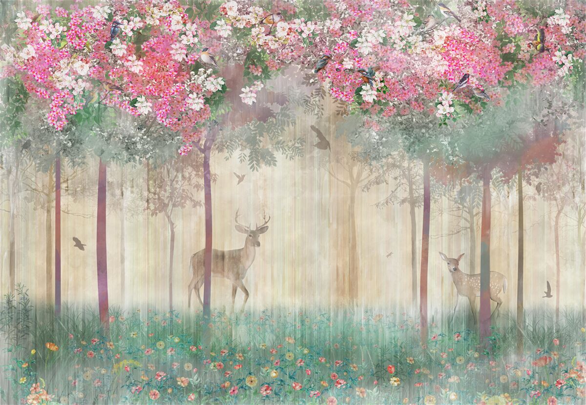 Fotobehang een tuin waar herten glinsteren