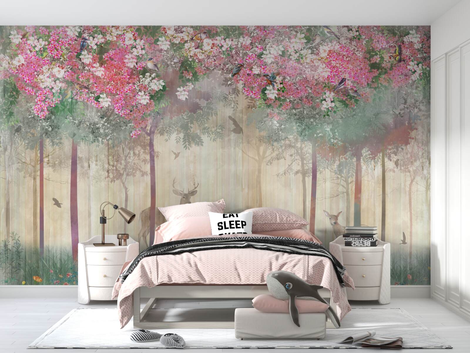 Fotobehang een tuin waar herten glinsteren