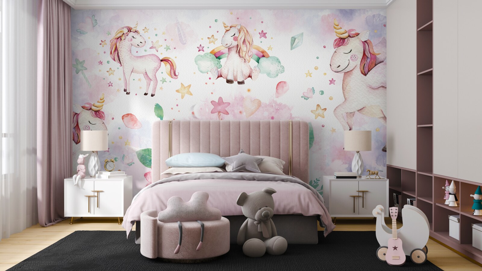 Fotobehang eenhoorns tussen bloemen