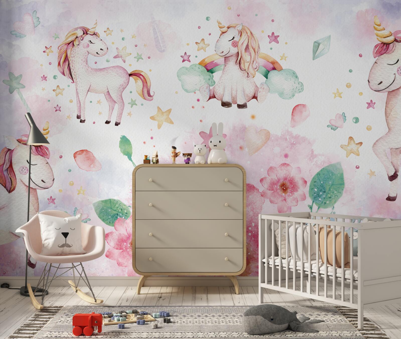 Fotobehang eenhoorns tussen bloemen