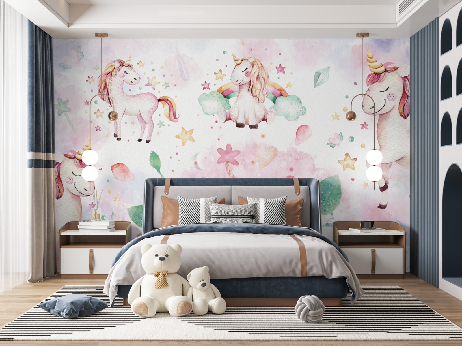 Fotobehang eenhoorns tussen bloemen