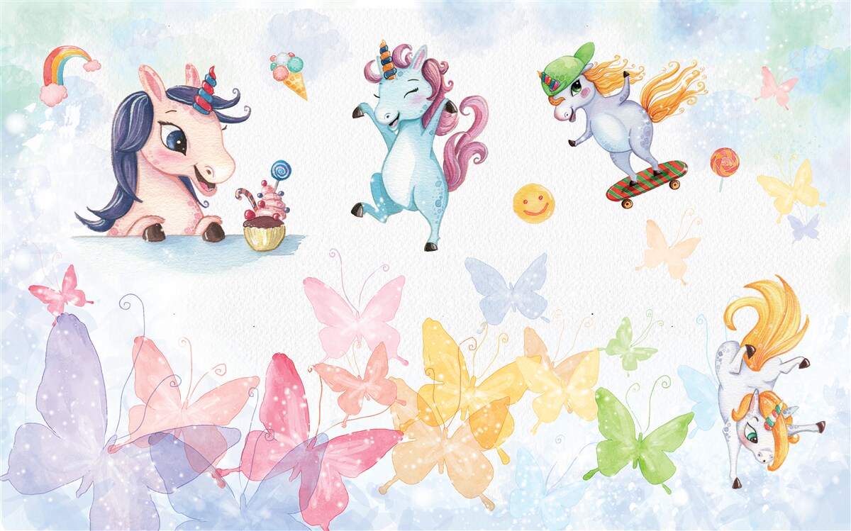 Fotobehang vrolijke eenhoorns en vlinders