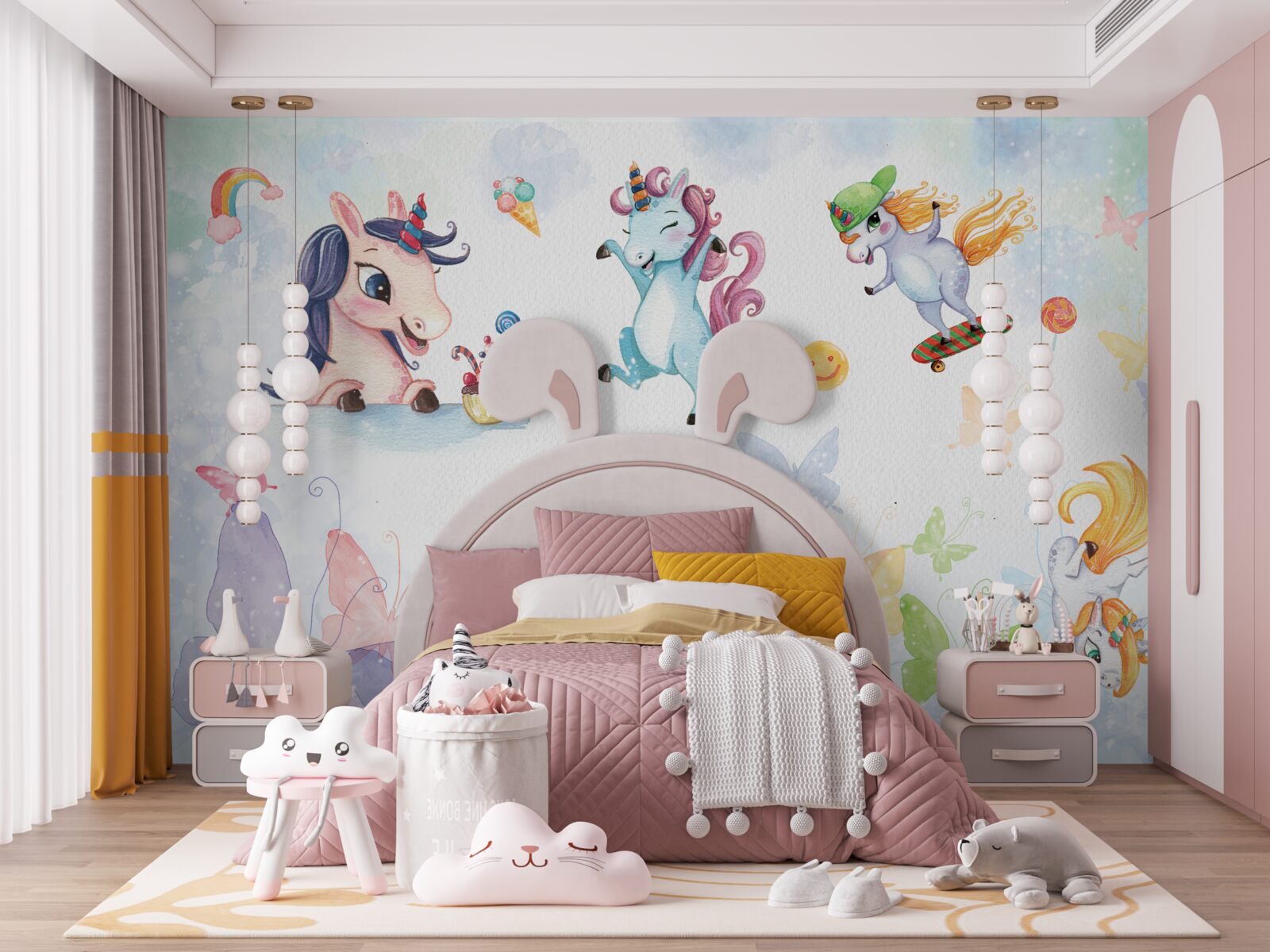 Fotobehang vrolijke eenhoorns en vlinders