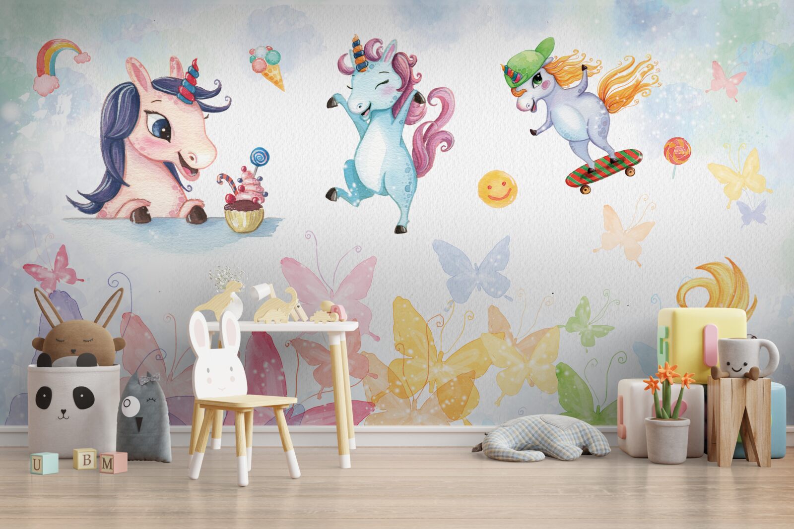 Fotobehang vrolijke eenhoorns en vlinders