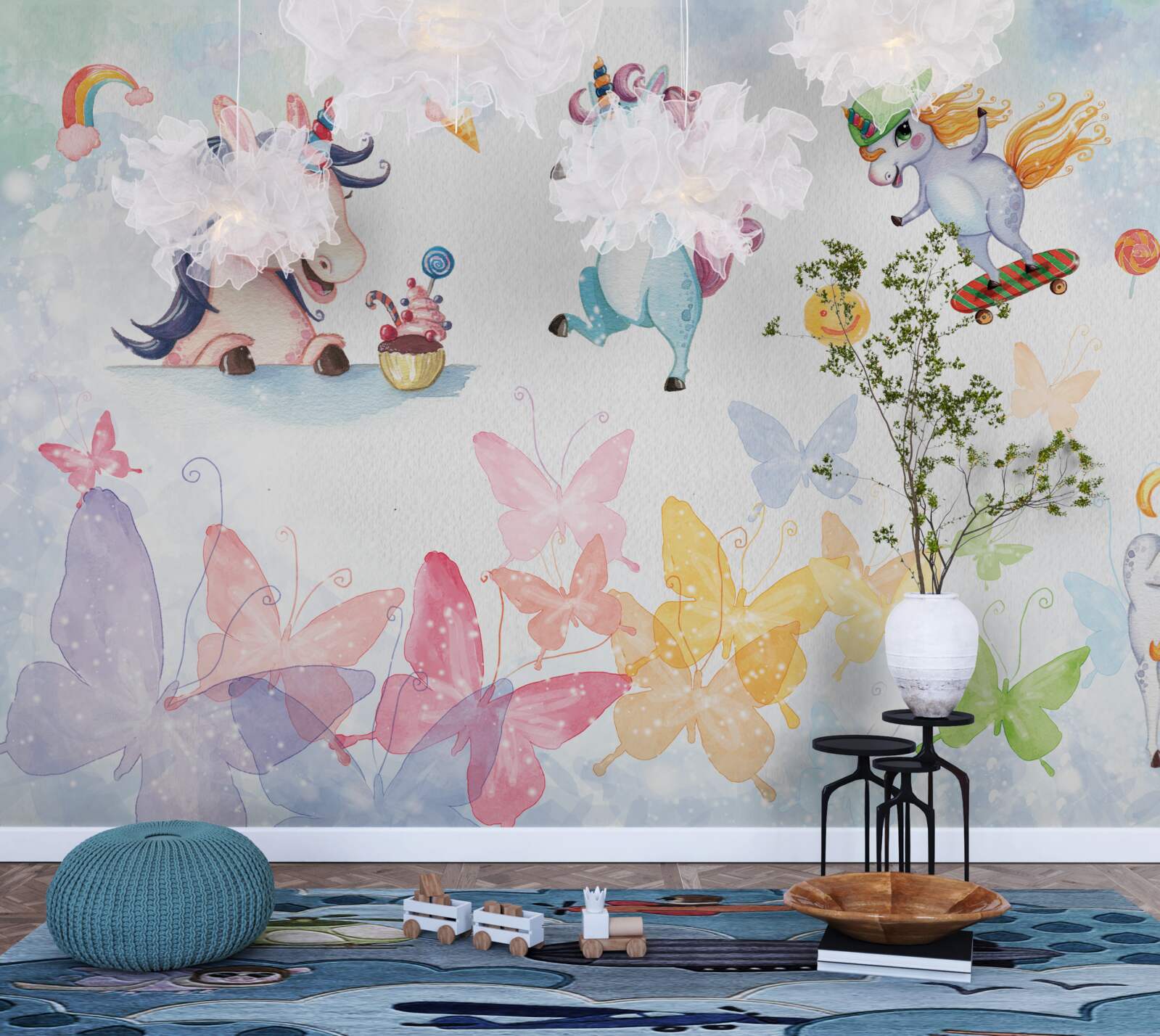 Fotobehang vrolijke eenhoorns en vlinders