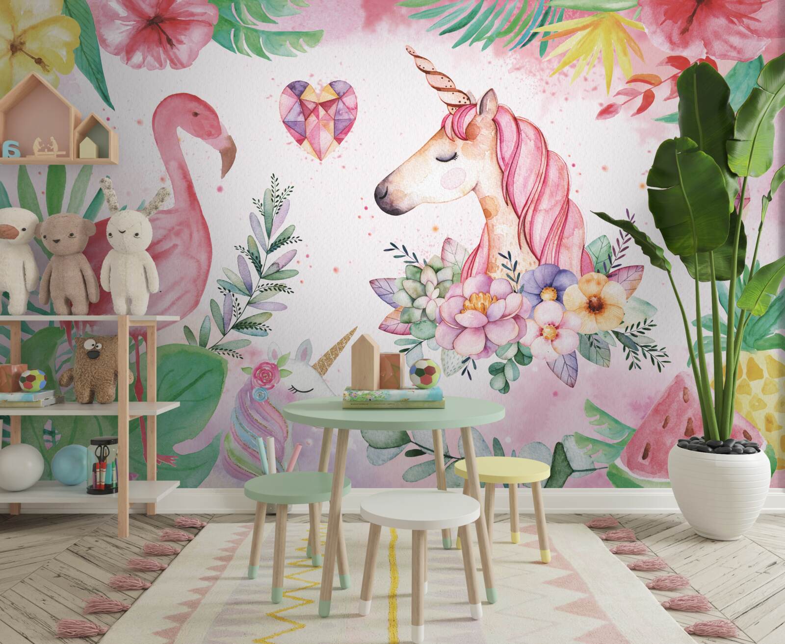 Fotobehang eenhoorn en roze flamingo