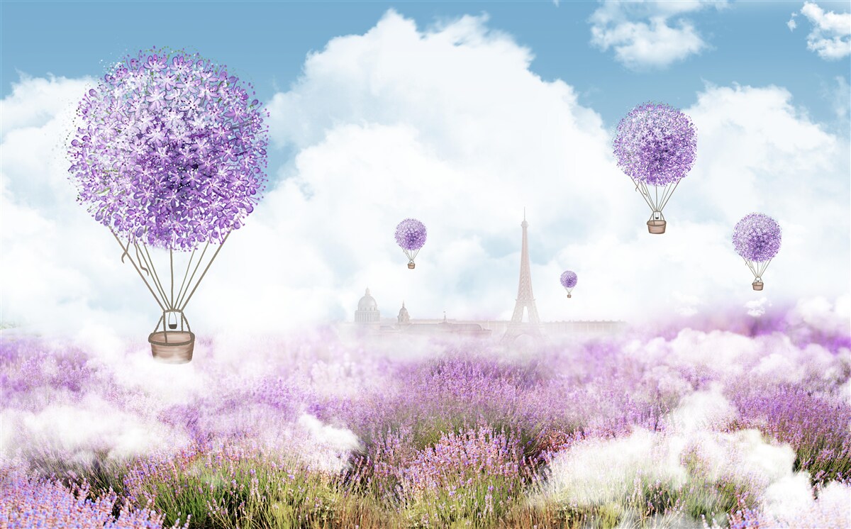 Fotobehang een veld met lavendel en vliegende ballonnen