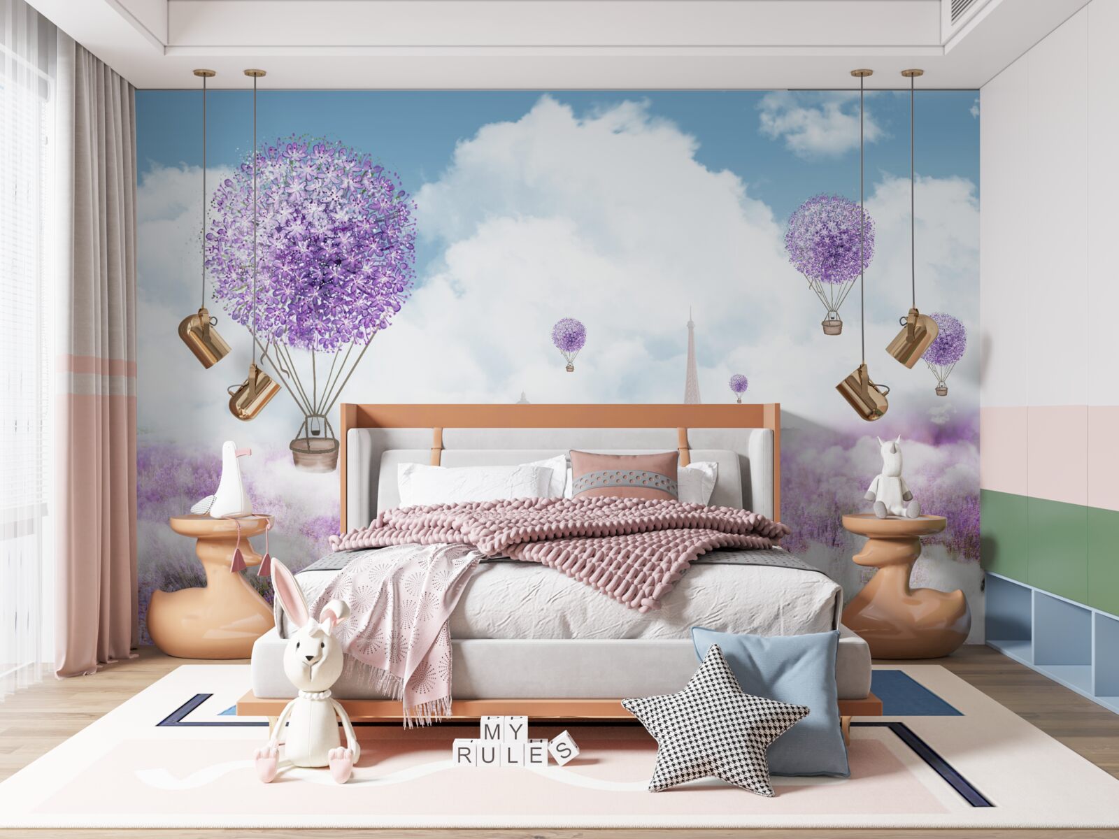 Fotobehang een veld met lavendel en vliegende ballonnen