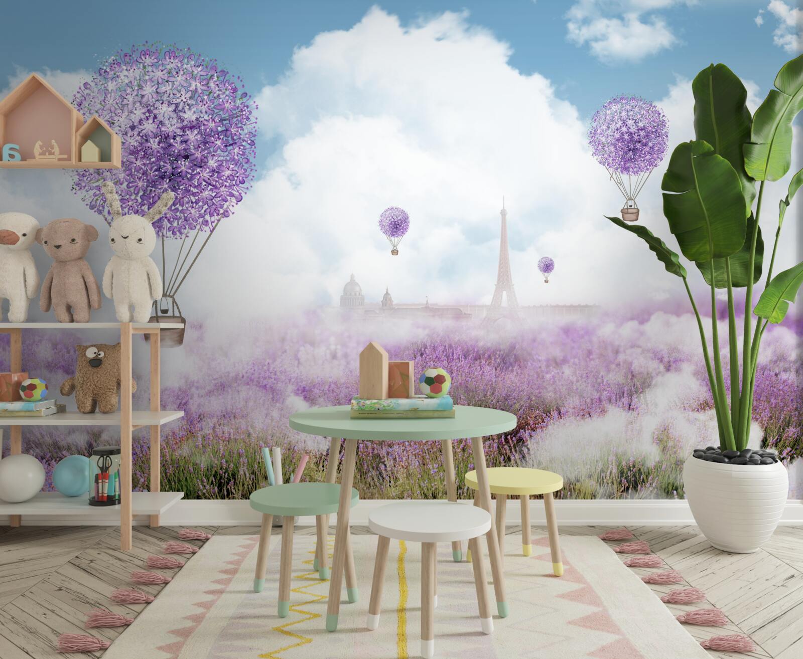 Fotobehang een veld met lavendel en vliegende ballonnen