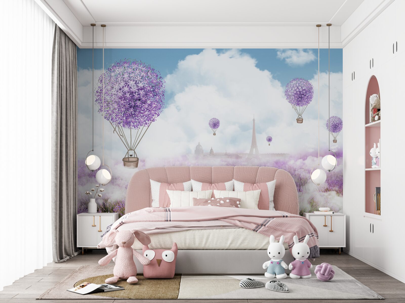 Fotobehang een veld met lavendel en vliegende ballonnen