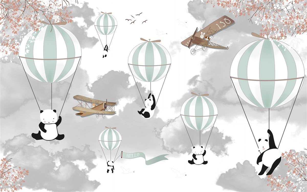 Fotobehang panda's en ballonnen