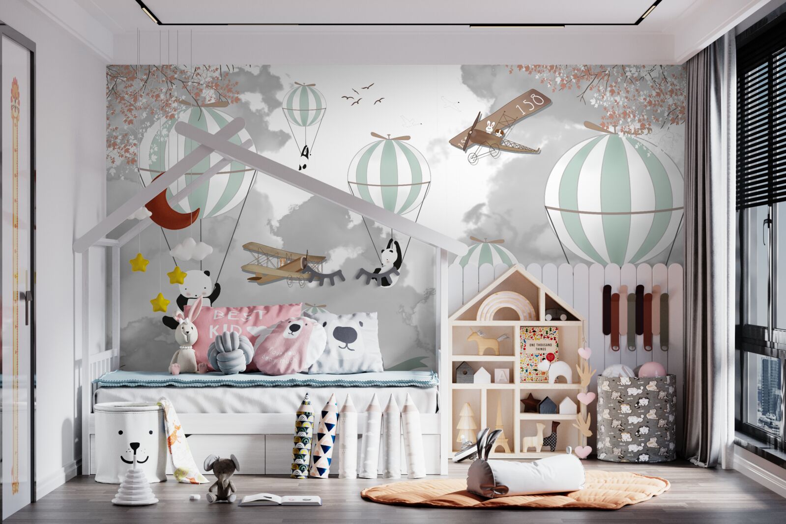 Fotobehang panda's en ballonnen