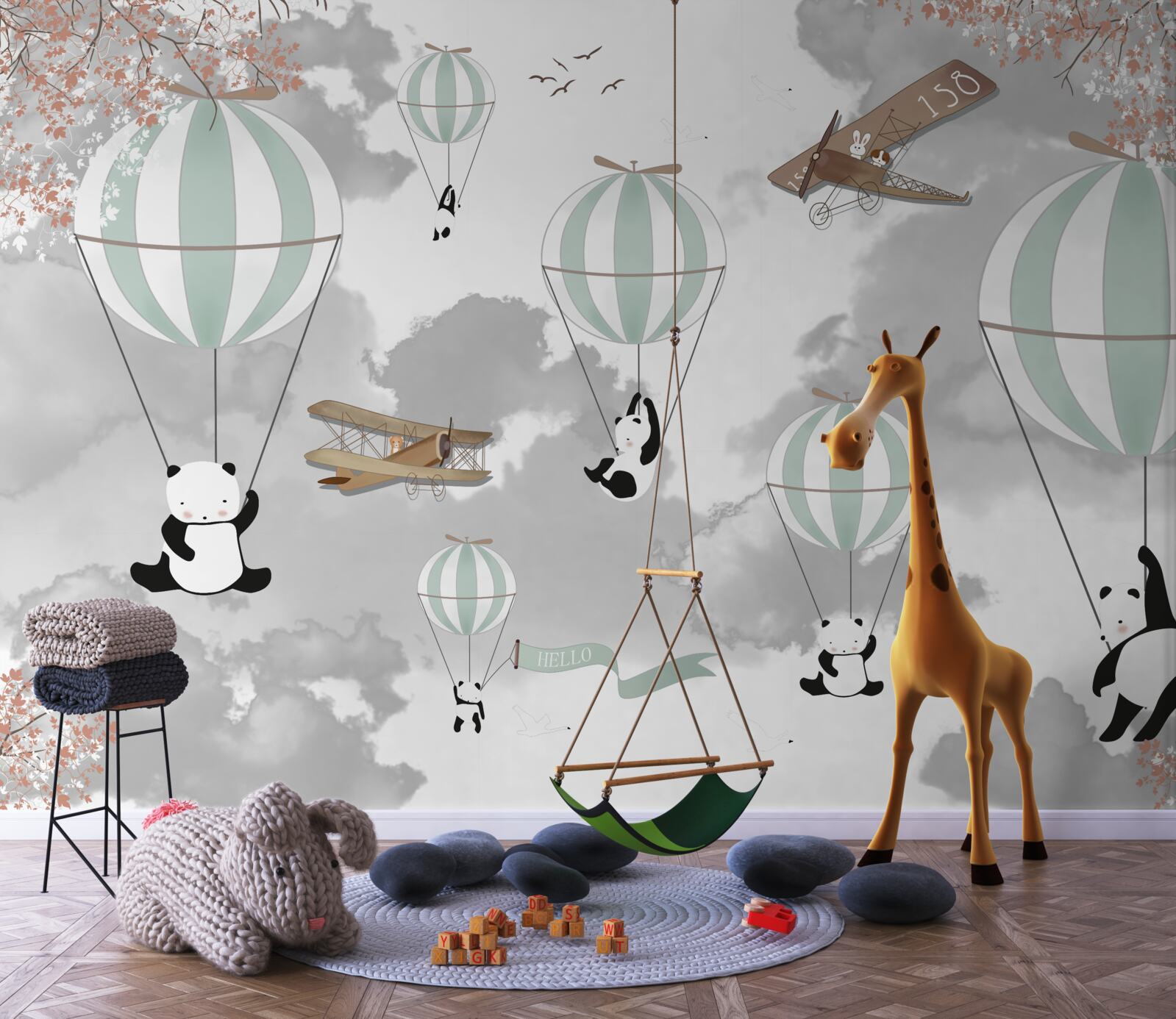 Fotobehang panda's en ballonnen