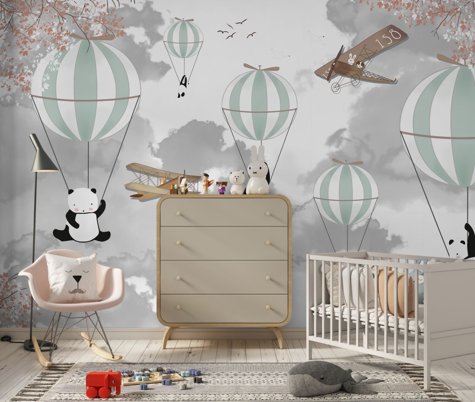 Fotobehang panda's en ballonnen