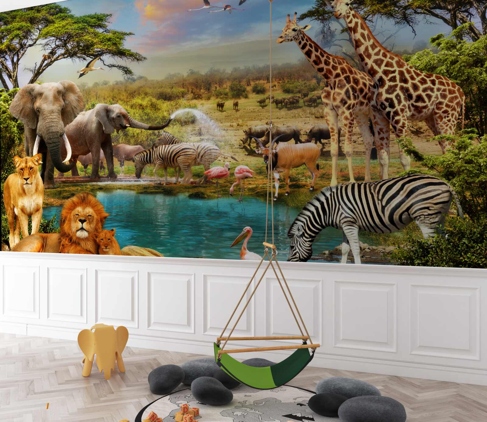 Fotobehang een waterpoel met afrikaanse dieren