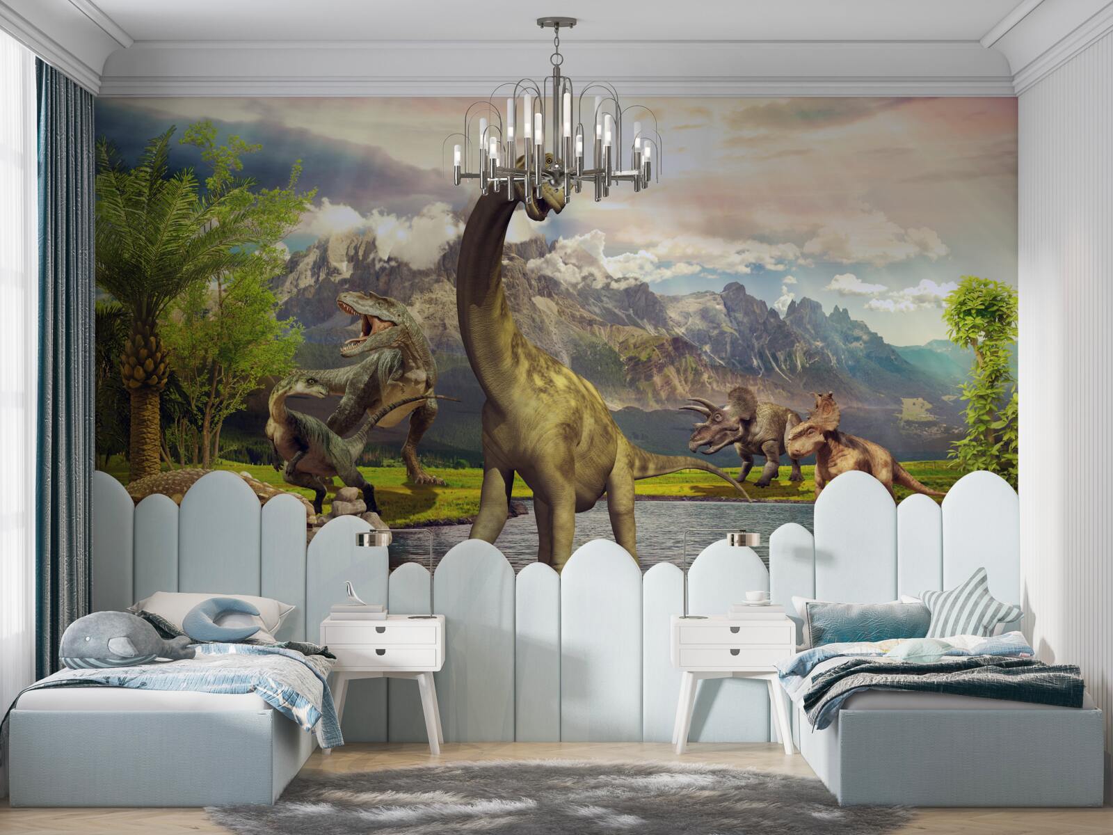 Fotobehang dinosaurussen verschenen bij de vijver