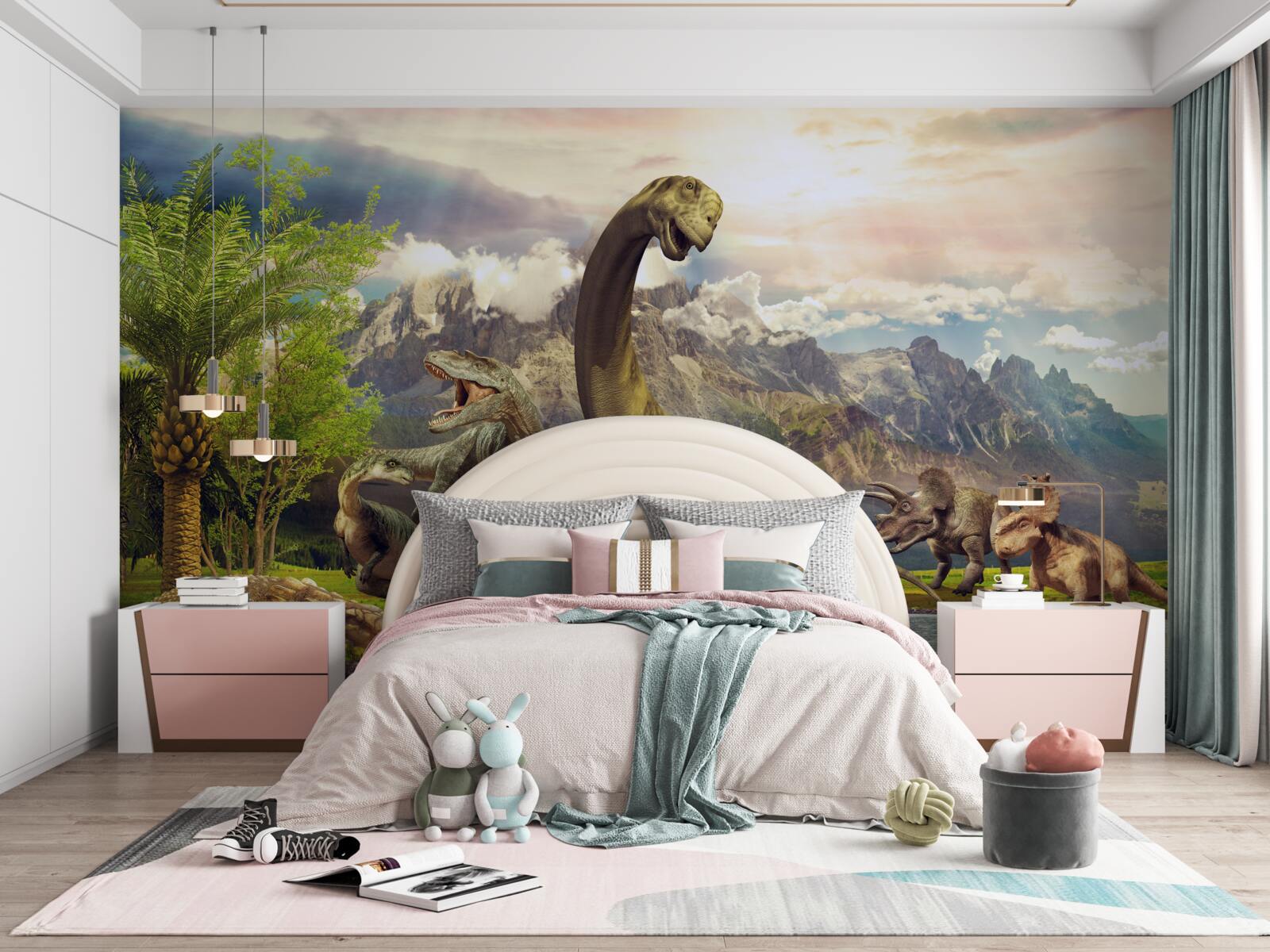 Fotobehang dinosaurussen verschenen bij de vijver