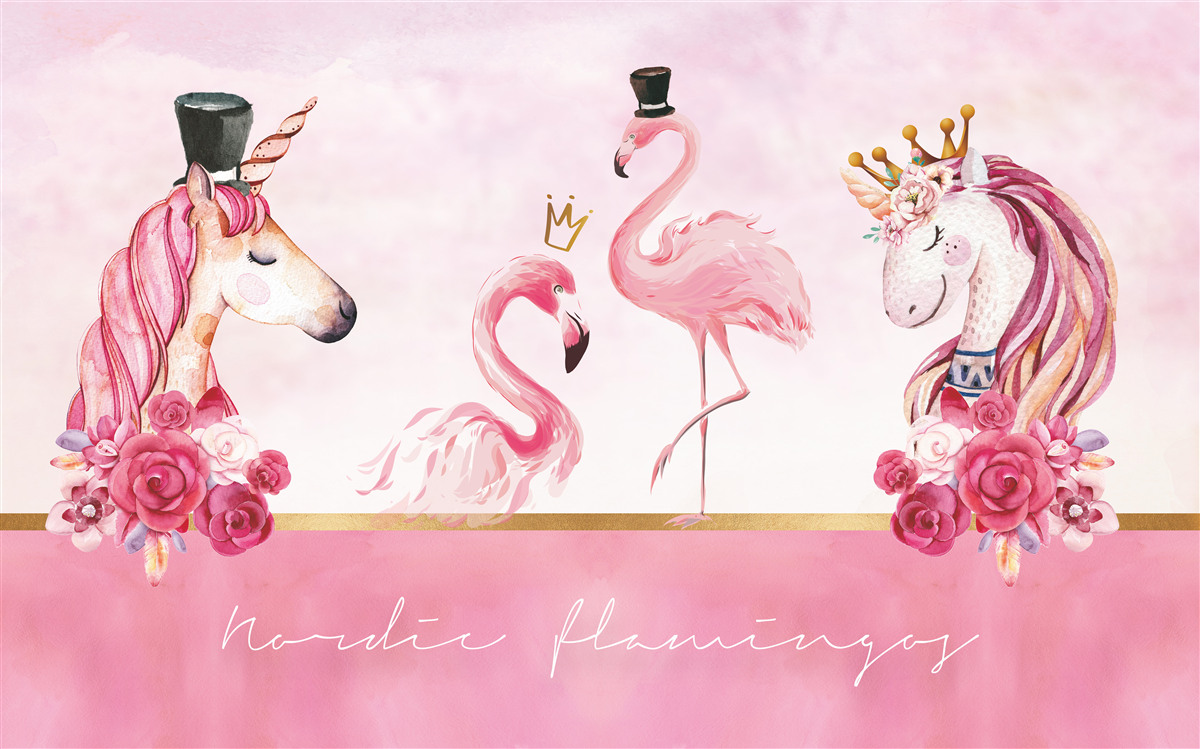 Fotobehang flamingo's en roze eenhoorns