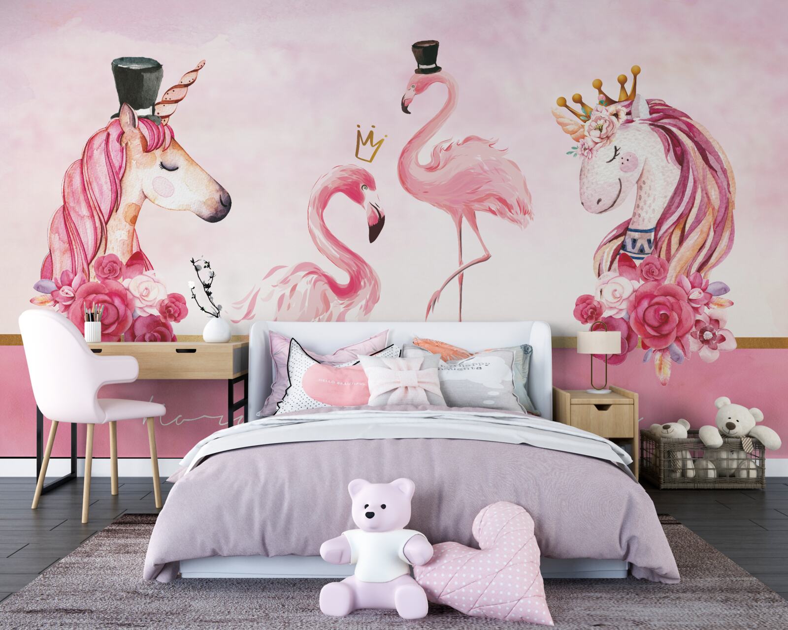 Fotobehang flamingo's en roze eenhoorns