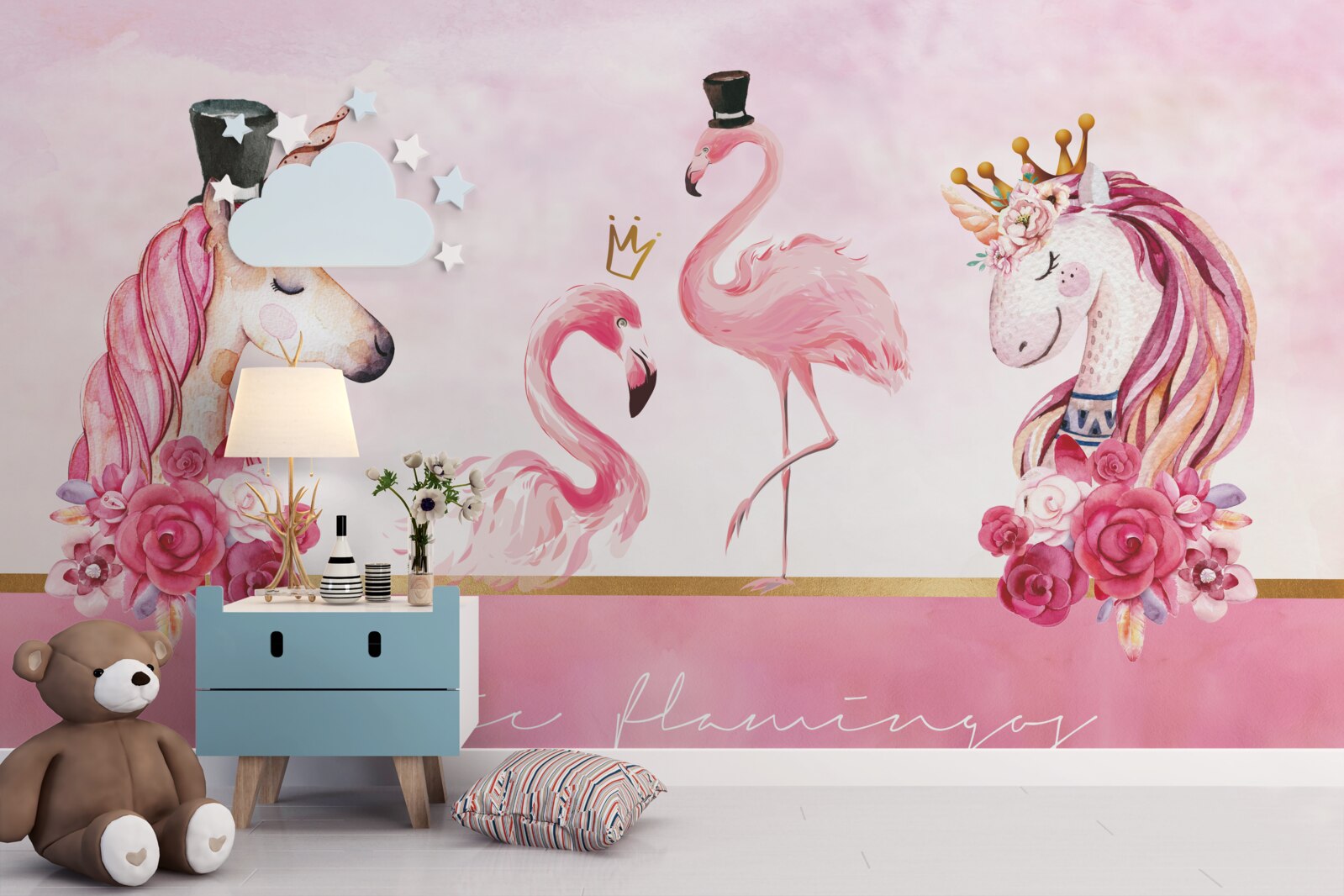 Fotobehang flamingo's en roze eenhoorns