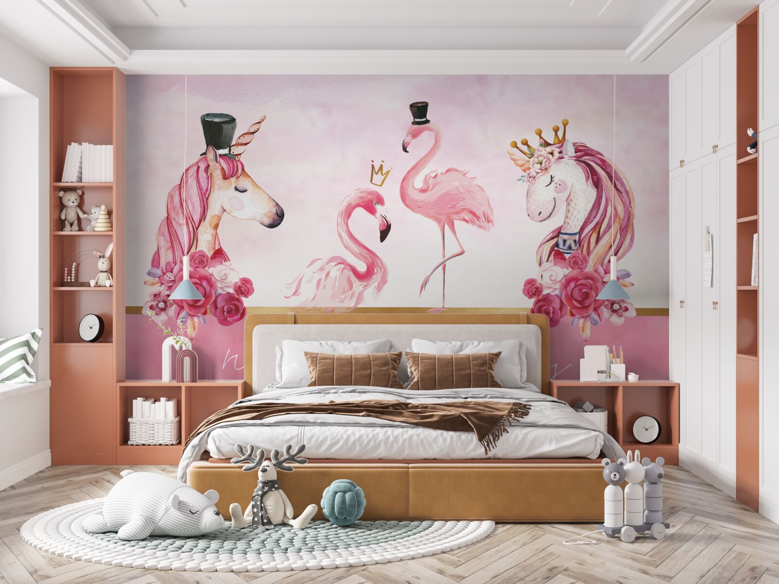 Fotobehang flamingo's en roze eenhoorns