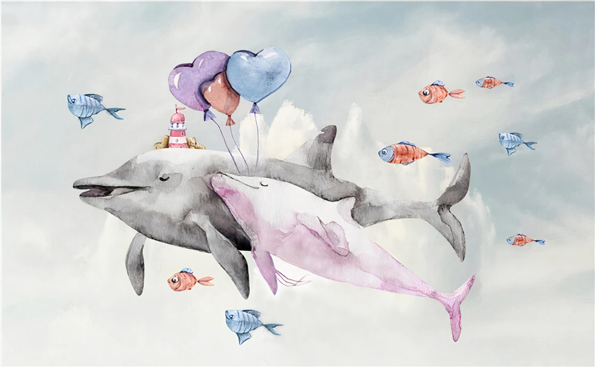 Fotobehang twee dolfijnen met ballen