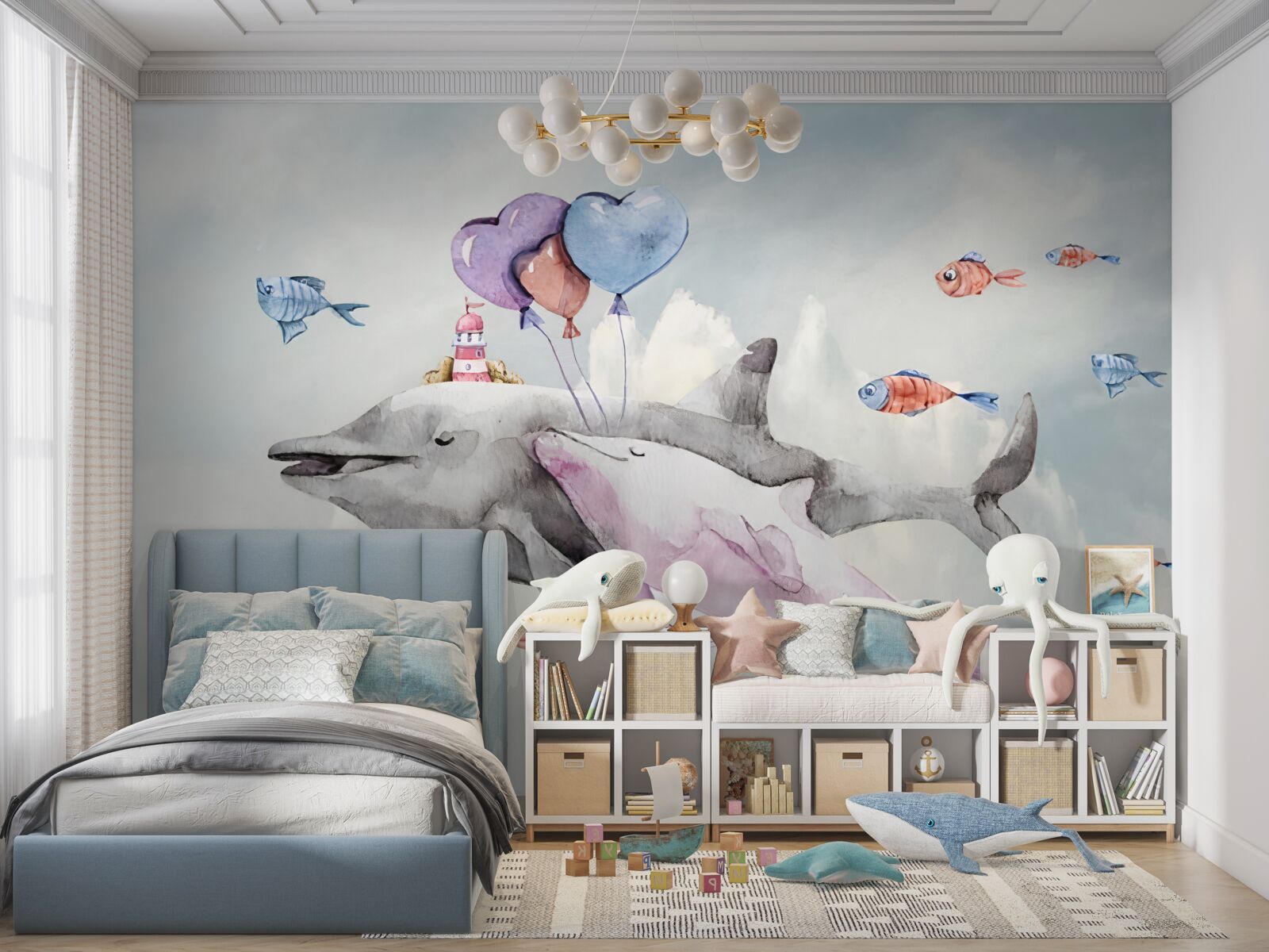 Fotobehang twee dolfijnen met ballen