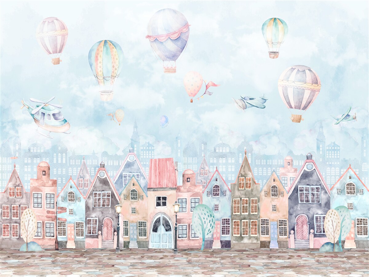 Fotobehang heteluchtballonnen zweven boven huizen die in verschillende kleuren zijn geverfd