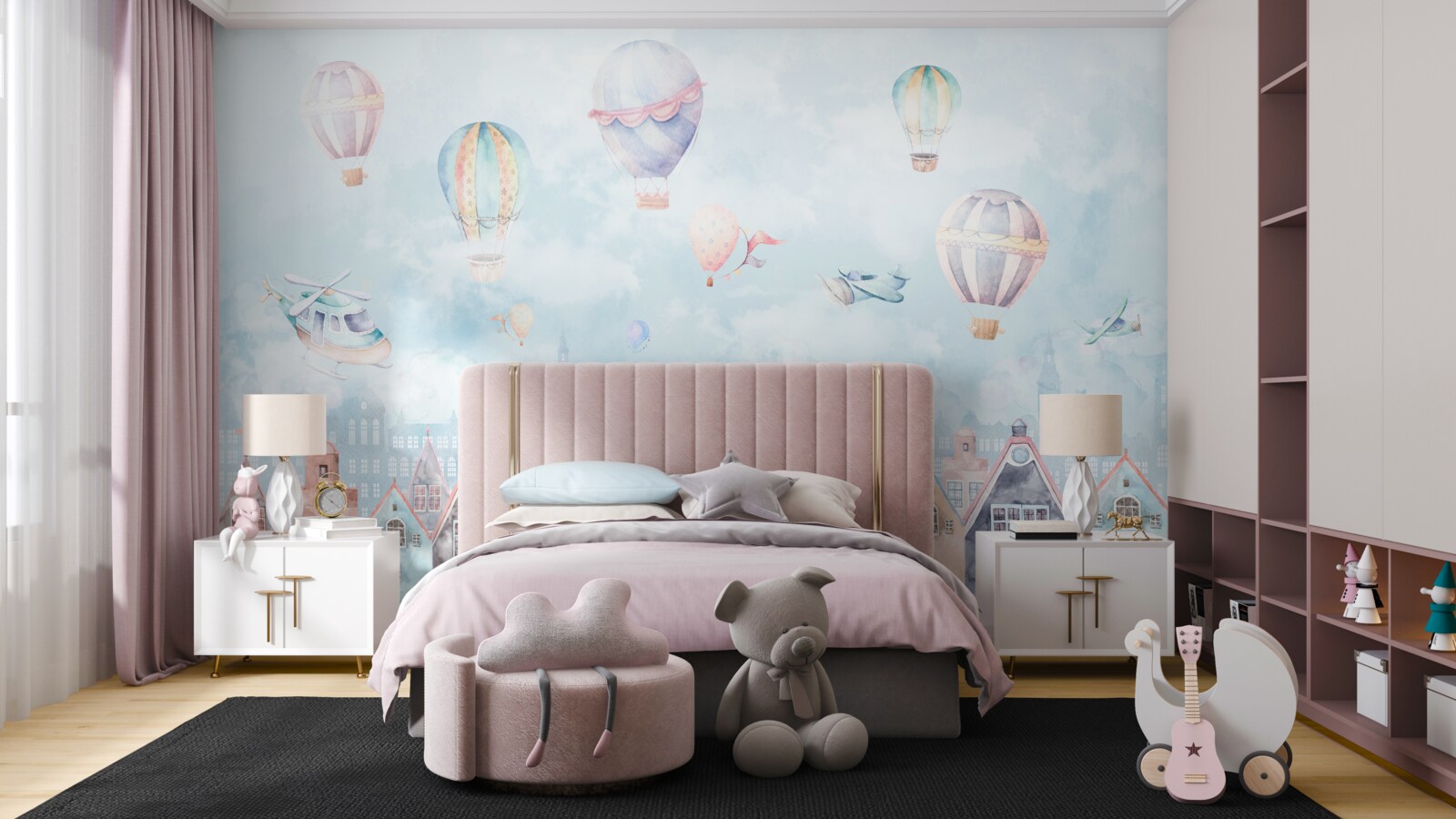 Fotobehang heteluchtballonnen zweven boven huizen die in verschillende kleuren zijn geverfd