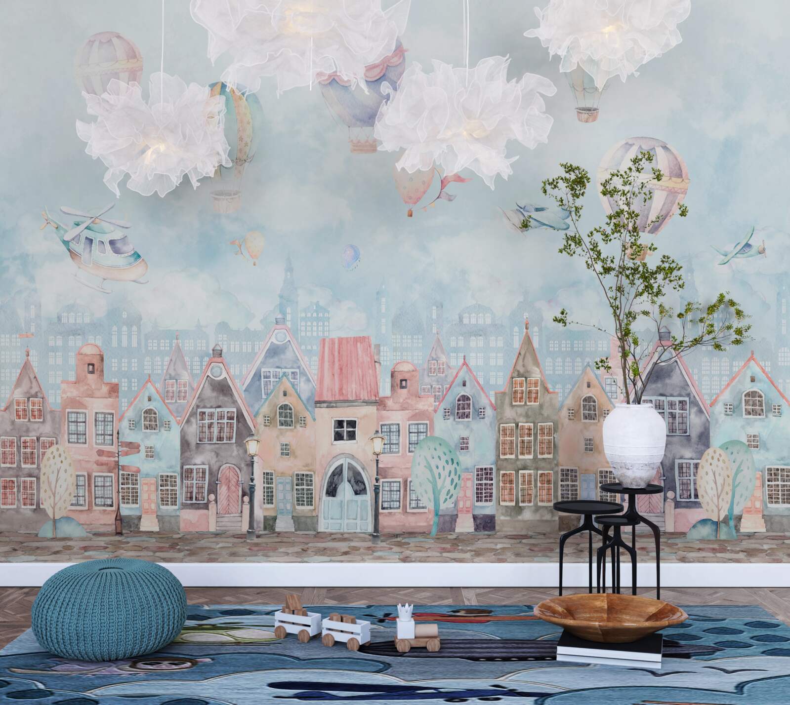 Fotobehang heteluchtballonnen zweven boven huizen die in verschillende kleuren zijn geverfd