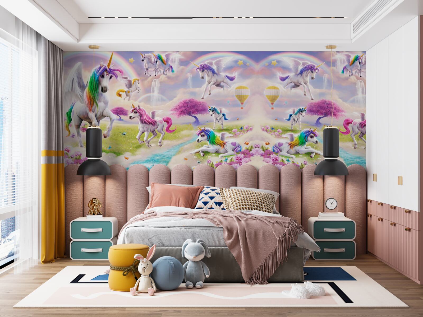 Fotobehang eenhoorns met glinsterende regenboogvacht als in een sprookje