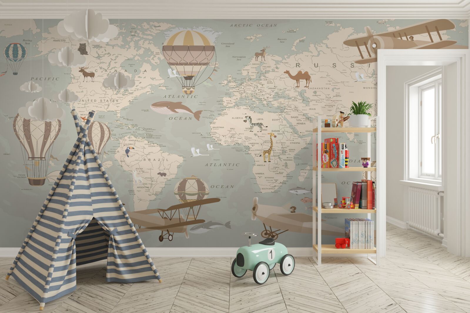 Fotobehang wereldkaart met foto's