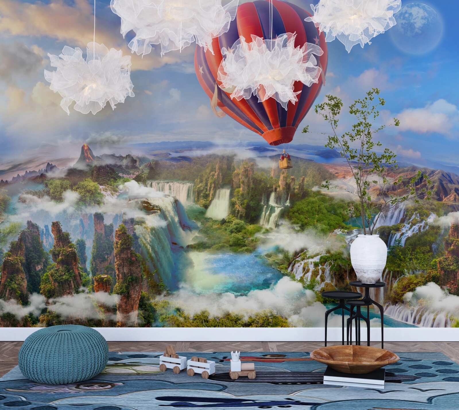 Fotobehang bal zwevend over prachtige watervallen