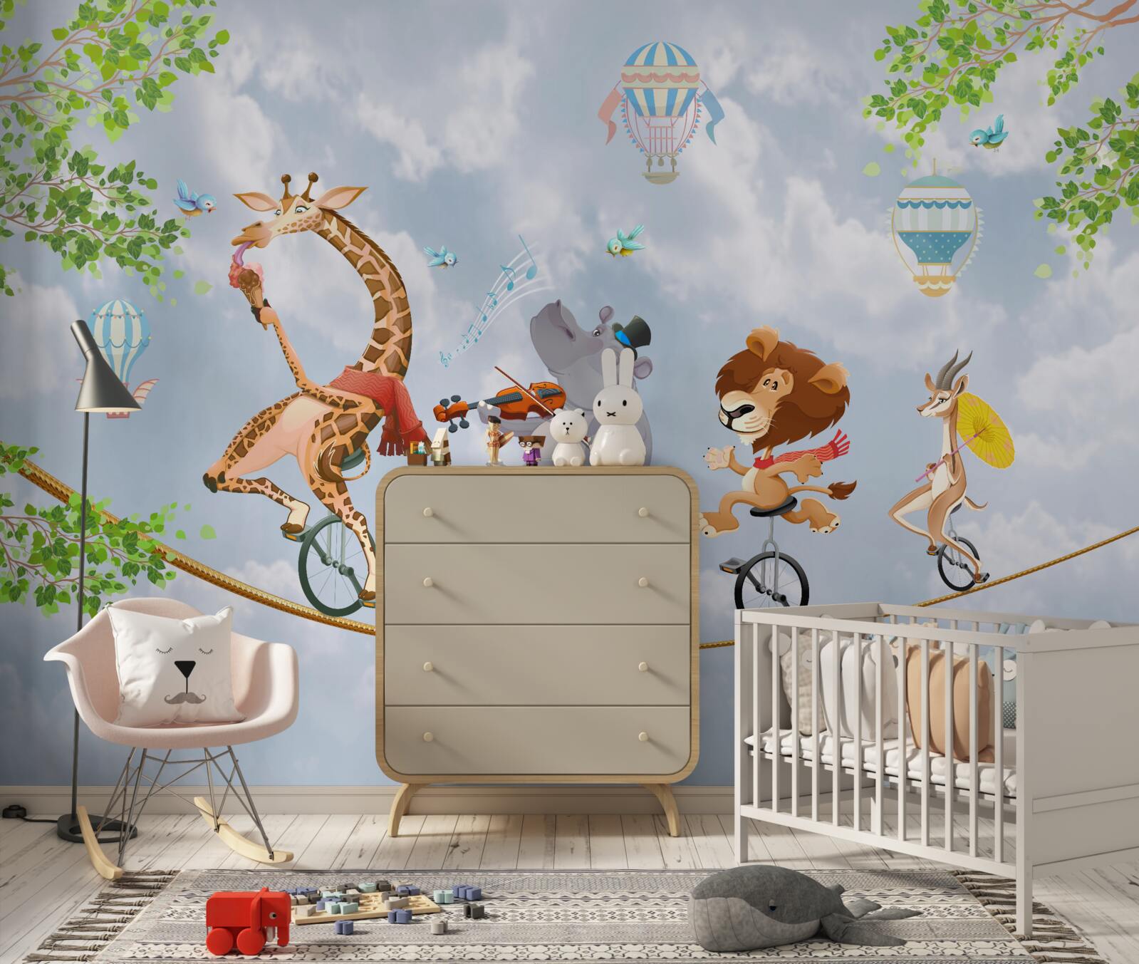 Fotobehang vrolijke dieren op een koord