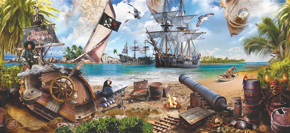 Fotobehang eiland en piratenschepen