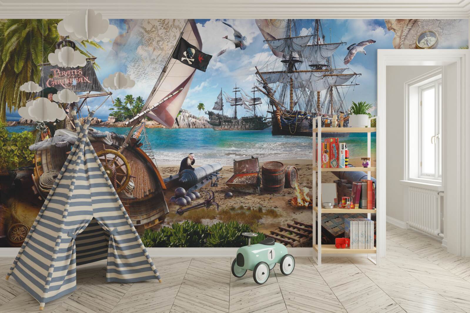 Fotobehang eiland en piratenschepen