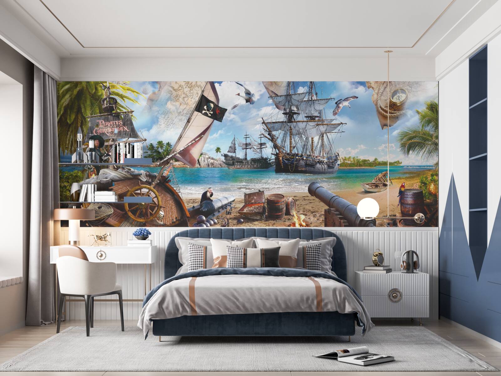 Fotobehang eiland en piratenschepen