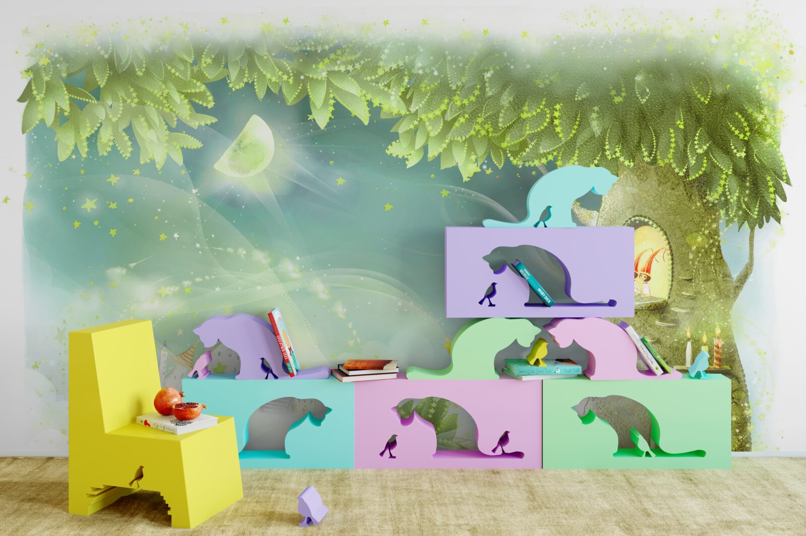 Fotobehang een magische nacht in een sprookjesbos