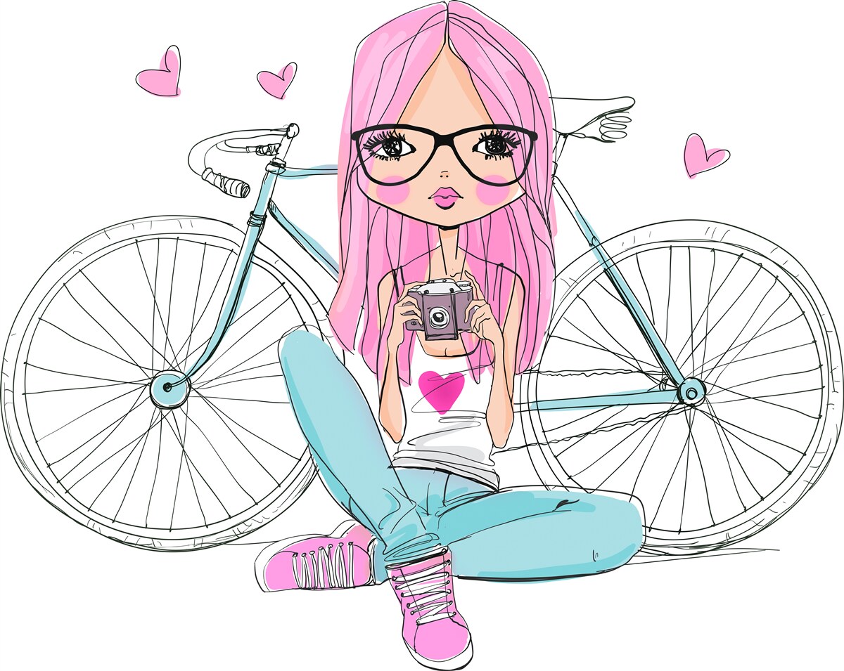 Fotobehang modieus meisje op een fiets