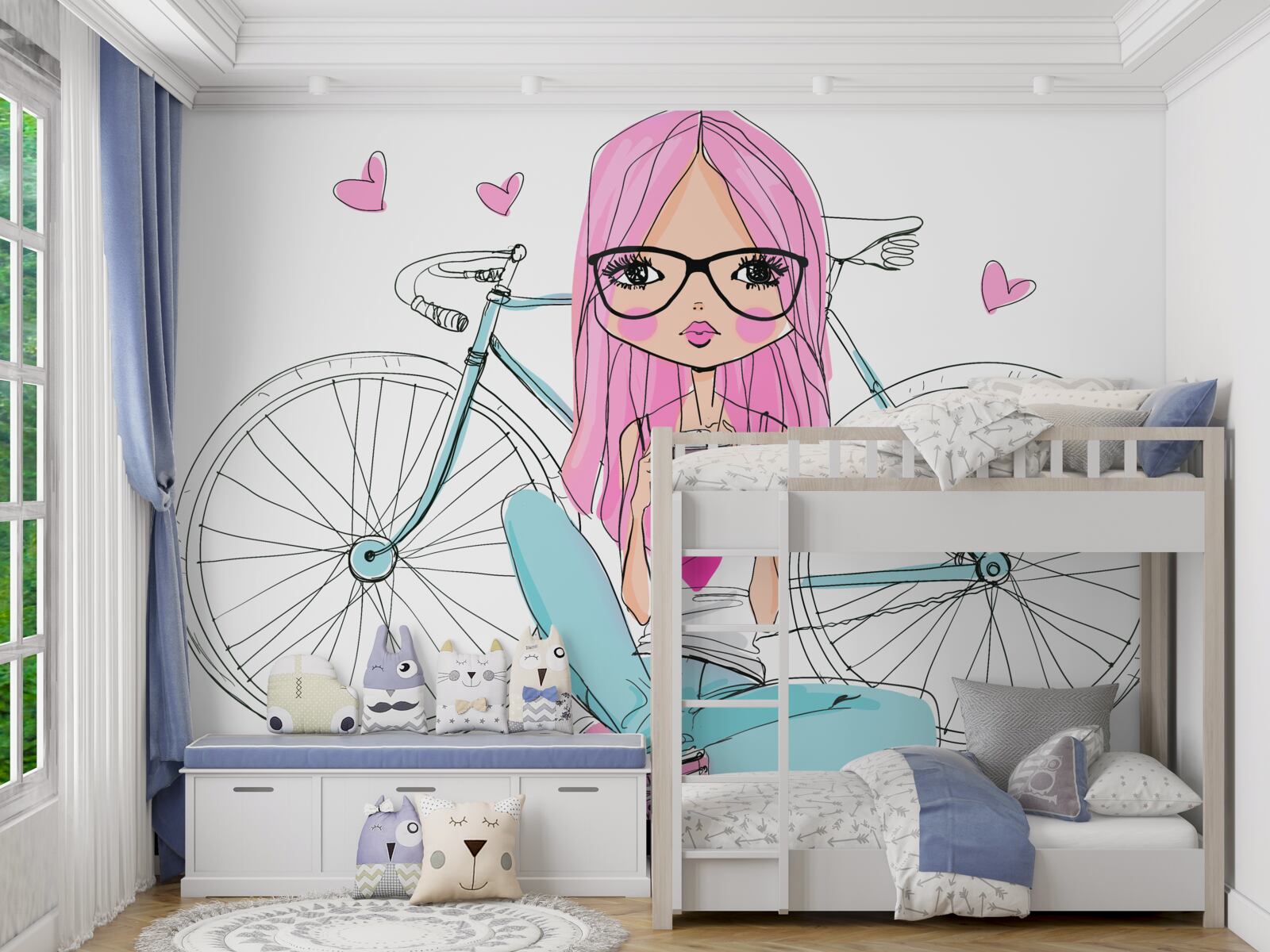 Fotobehang modieus meisje op een fiets