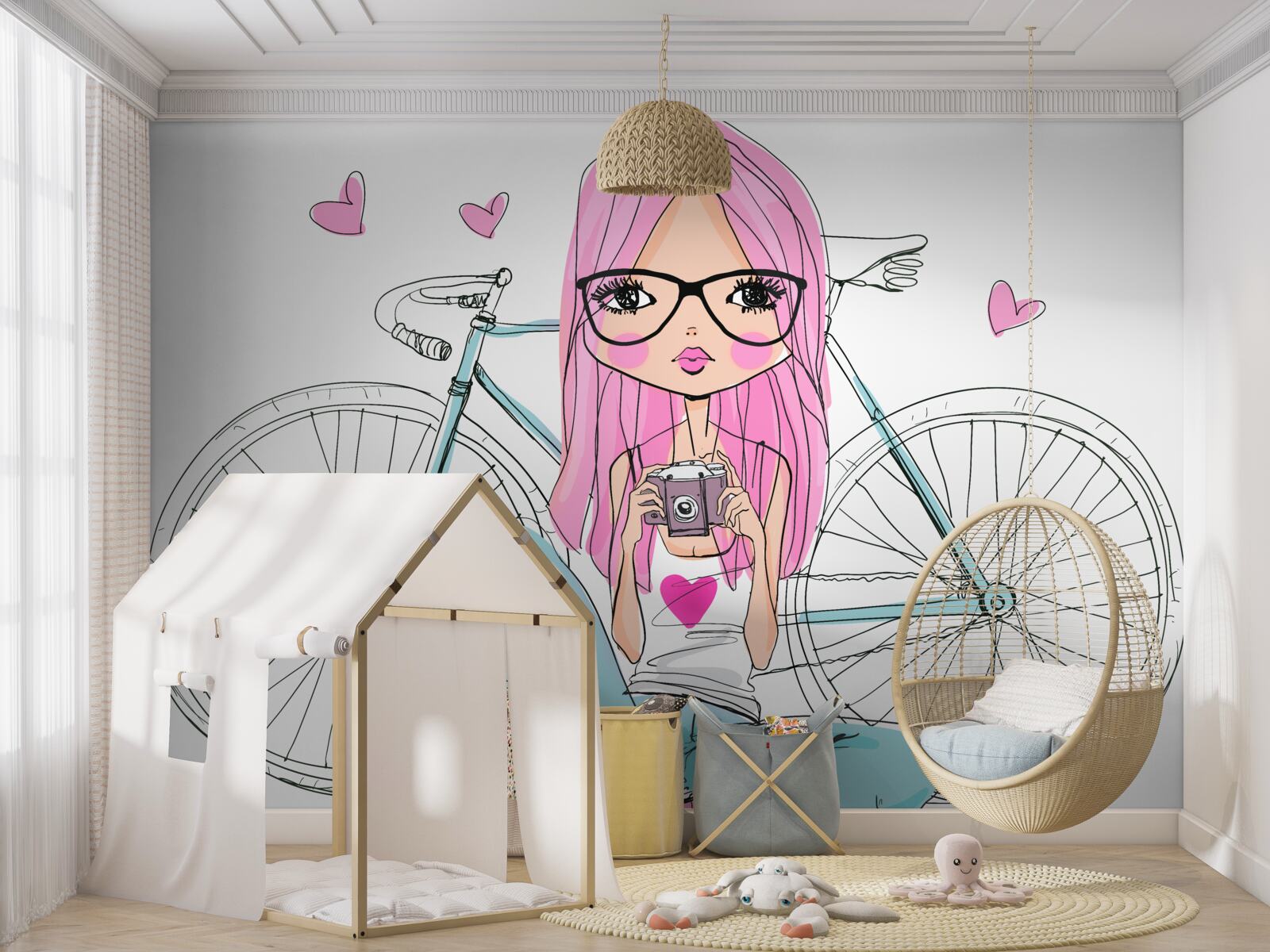 Fotobehang modieus meisje op een fiets