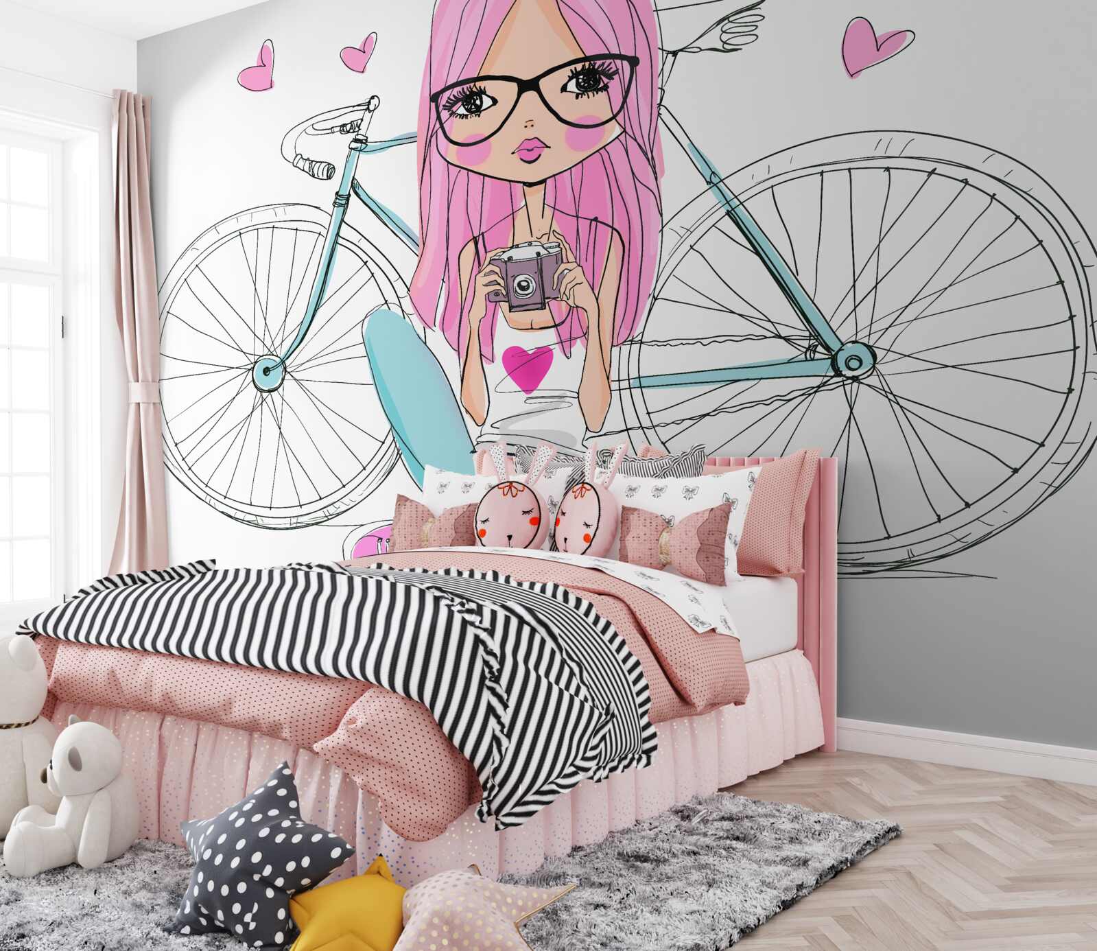 Fotobehang modieus meisje op een fiets