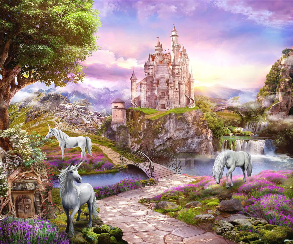 Fotobehang het kasteel bij de rivier is betoverd door de aanwezigheid van eenhoorns