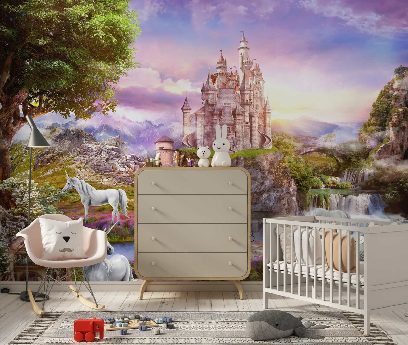 Fotobehang het kasteel bij de rivier is betoverd door de aanwezigheid van eenhoorns