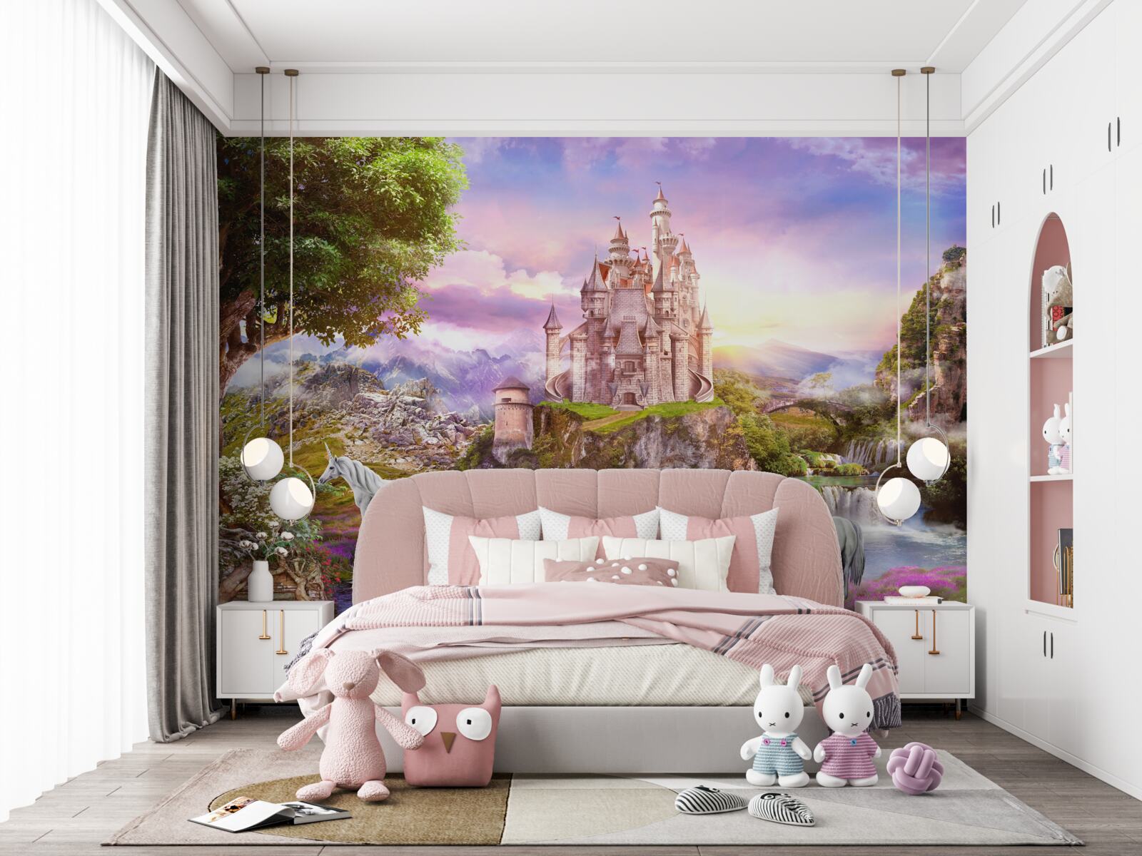 Fotobehang het kasteel bij de rivier is betoverd door de aanwezigheid van eenhoorns