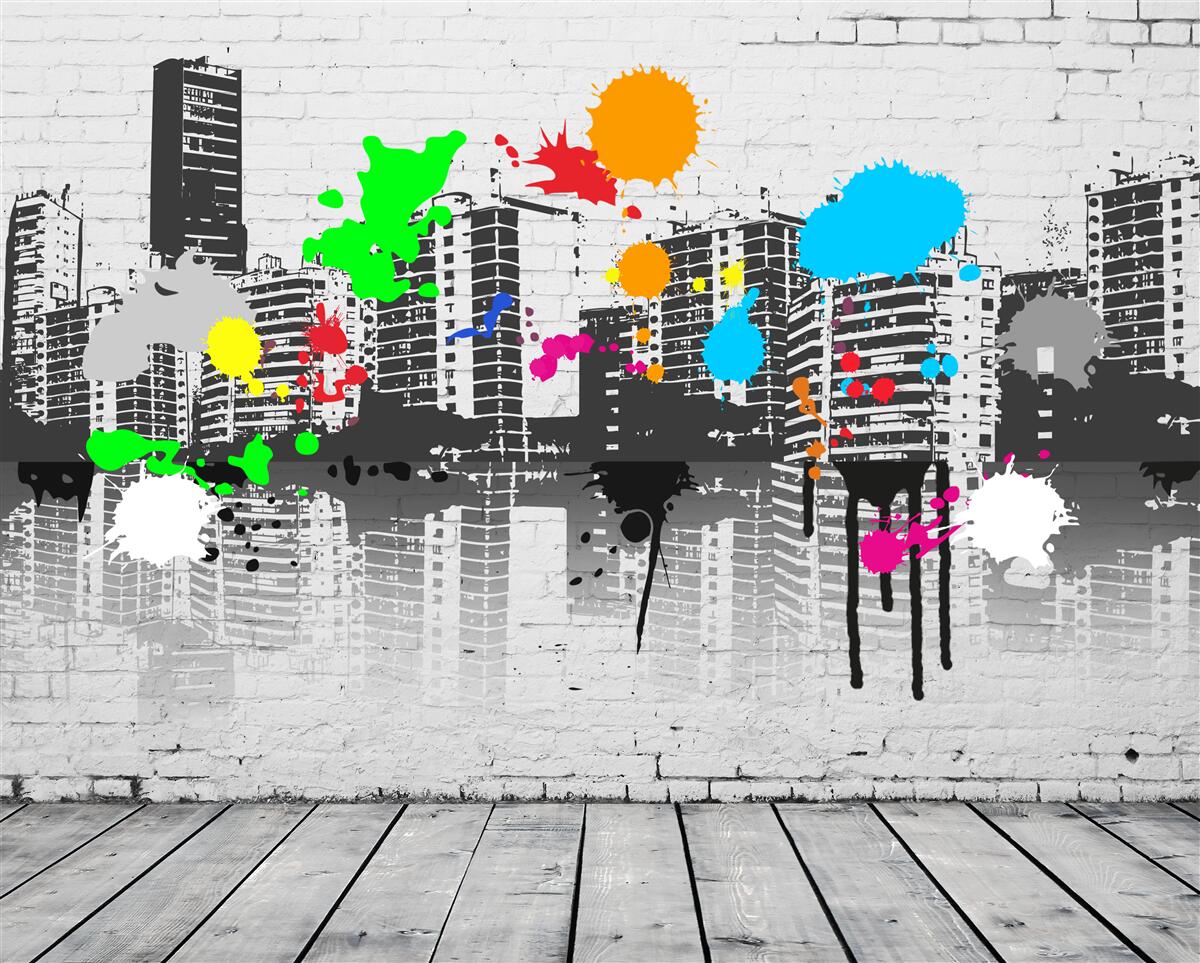 Fotobehang graffiti die de stad in zwart-wit afbeeldt